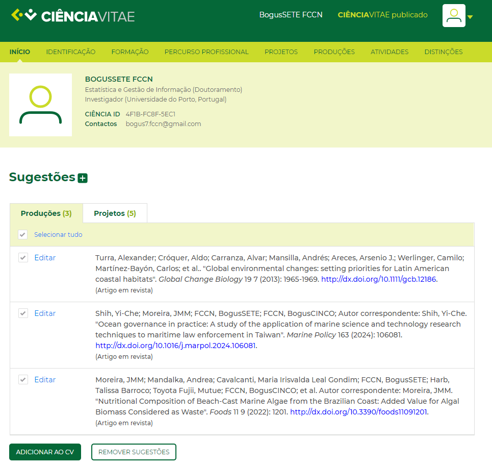 Curriculum on the Ciênciavitae platform using the suggestions feature